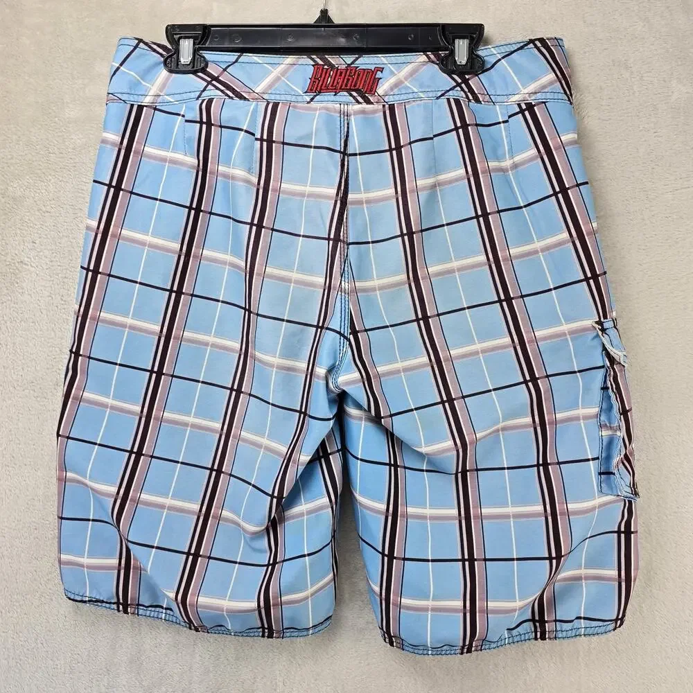 Vintage Billabong Board Shorts Mens 33 (Fits 34) Blue Plaid Skate Surf Swim Y2K
